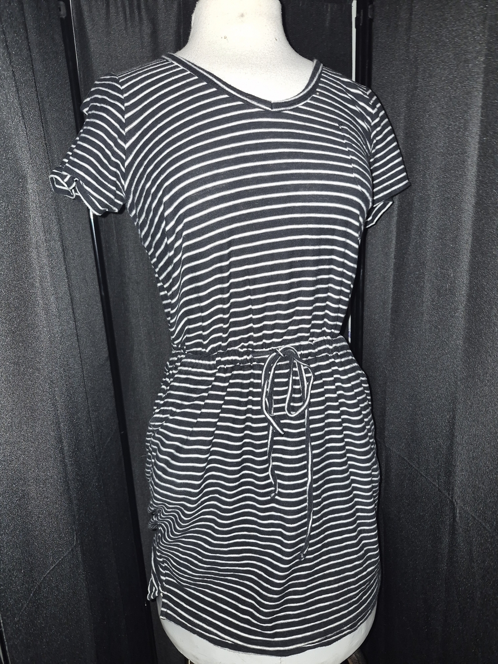 Chelsea & Theodore Black and White Striped Drawstring Mini Dress